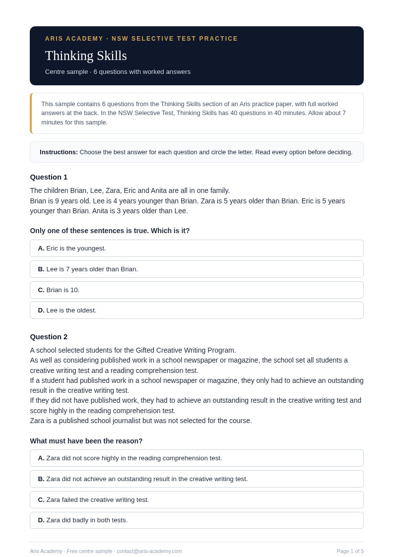 Thinking Skills sample paper first page